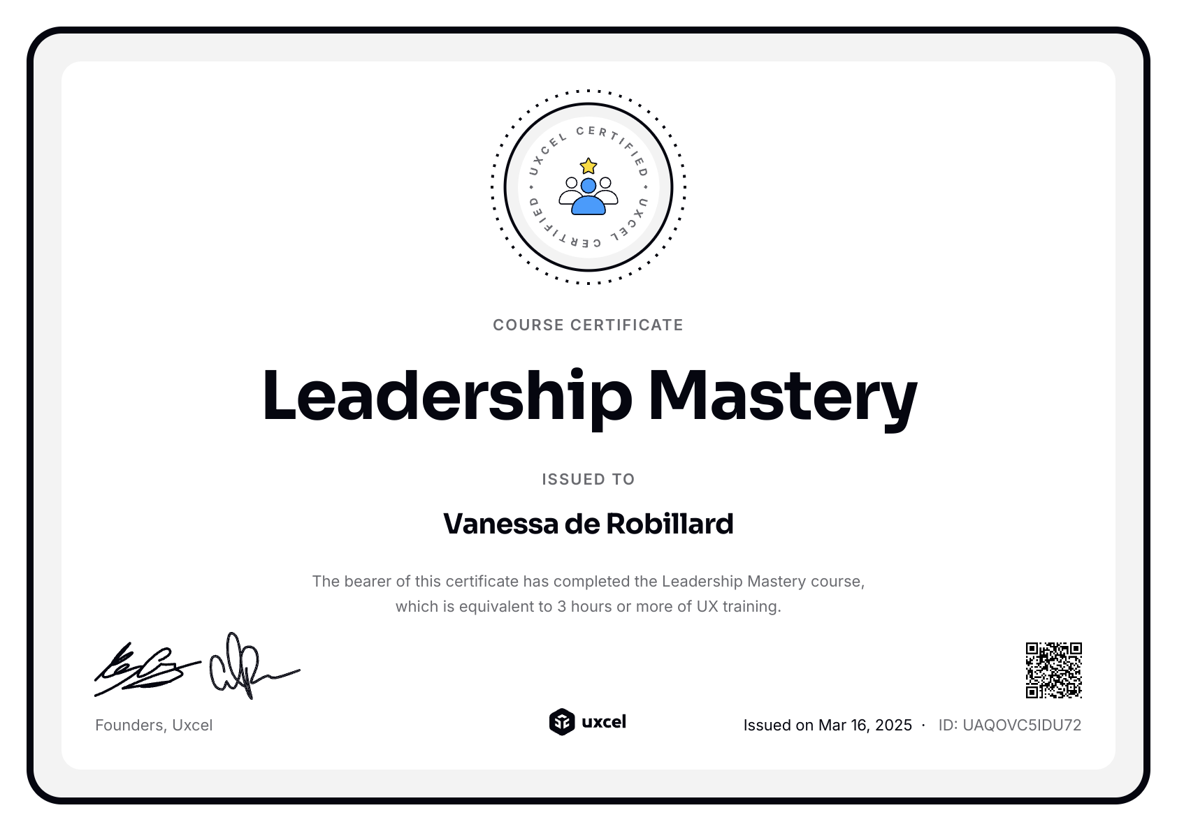 Vanessa de Robillard's certificate